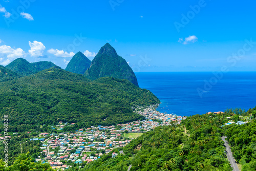 Gros and Petit Pitons near village Soufriere on Caribbean island St Lucia - tropical and paradise landscape scenery on Saint Lucia photo