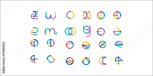 Big set of minimal geometric multicolor symbol shapes. Trendy icons and logotypes. Business signs symbols, labels, badges, frames and borders