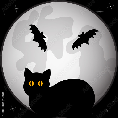 Black silhouette of cat sitting in front of the full moon. Vector illustration.