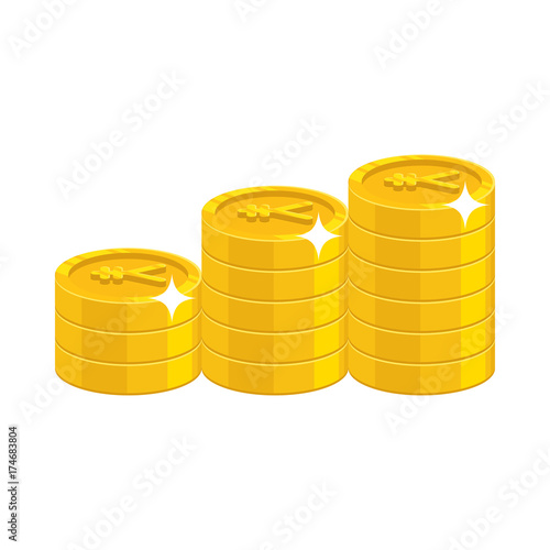 Gold Chinese yuan or Japanese yen coins. Having a lot of money and possessions symbol. Business finance and economy concept. Cartoon vector illustration isolated on white background