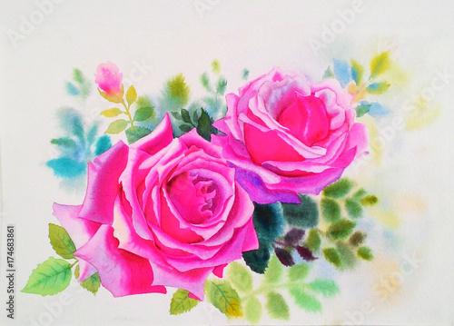 Fototapeta Naklejka Na Ścianę i Meble -  Watercolor painting original realistic flower pink flower of rose
