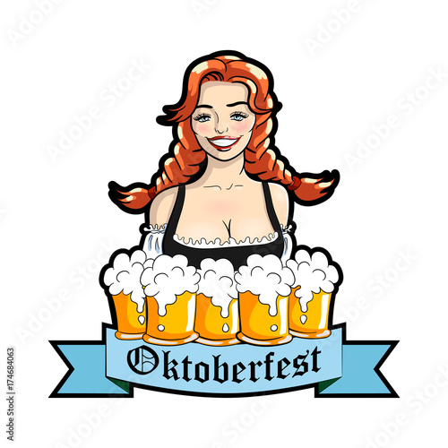 Vector illustration of waitress with mugs of beer. Oktoberfest logo, sticker. Vector isolated illustration on a white.