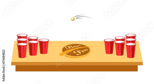 Beer pong game for party on wooden table
