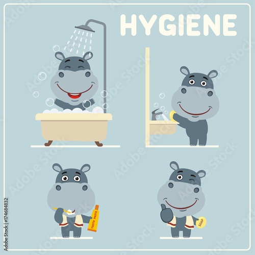 Set of funny hippo is hygiene: showering, washing hands, brushing her teeth. Collection of isolated hippopotamus in cartoon style for rules of child hygiene.