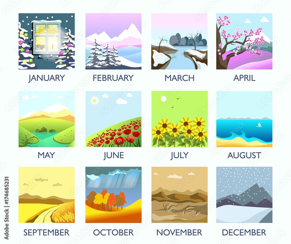Four seasons month nature landscape winter, summer, autumn, spring