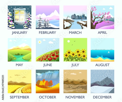 Four seasons month nature landscape winter, summer, autumn, spring vector flat scenery photo