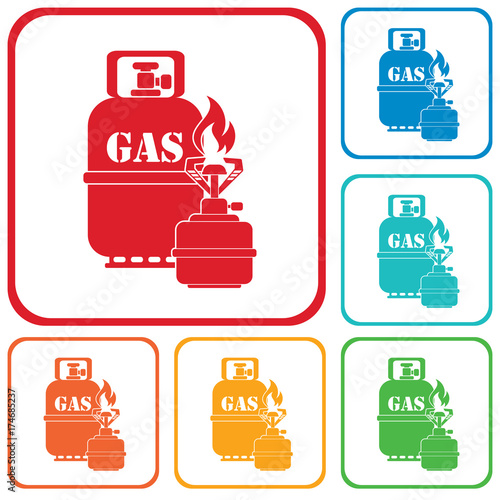 Camping stove with gas bottle icon vector