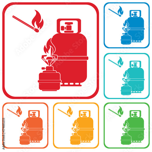 Camping stove with gas bottle icon vector