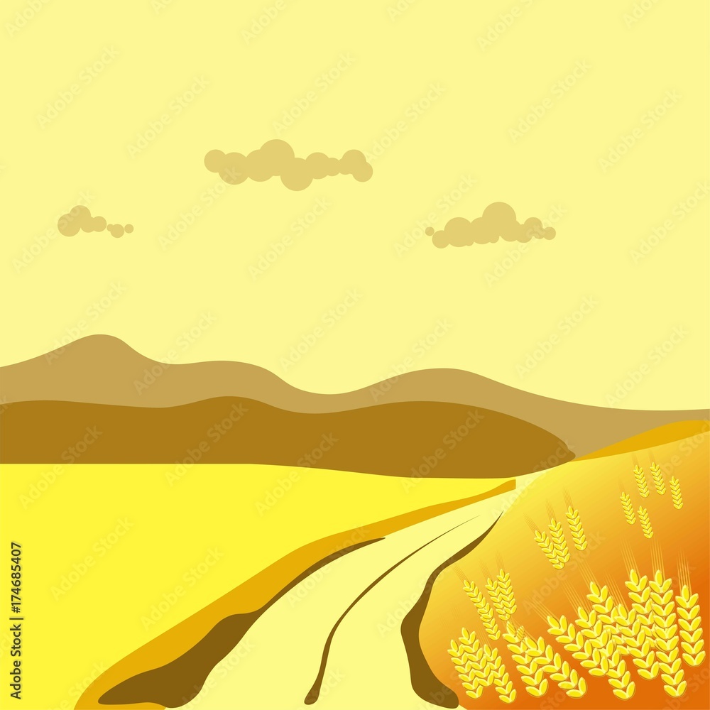 Obraz premium Summer or autumn season wheat field valley nature landscape vector flat scenery