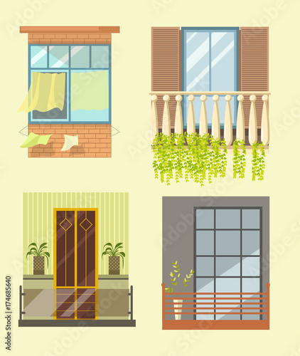 Windows and house balcony different stlyes exterior decor vector flat icons