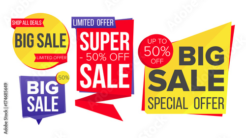 Sale Banner Set Vector. Discount Tag  Special Offer Banner. Discount And Promotion. Half Price Colorful Stickers. Isolated Illustration