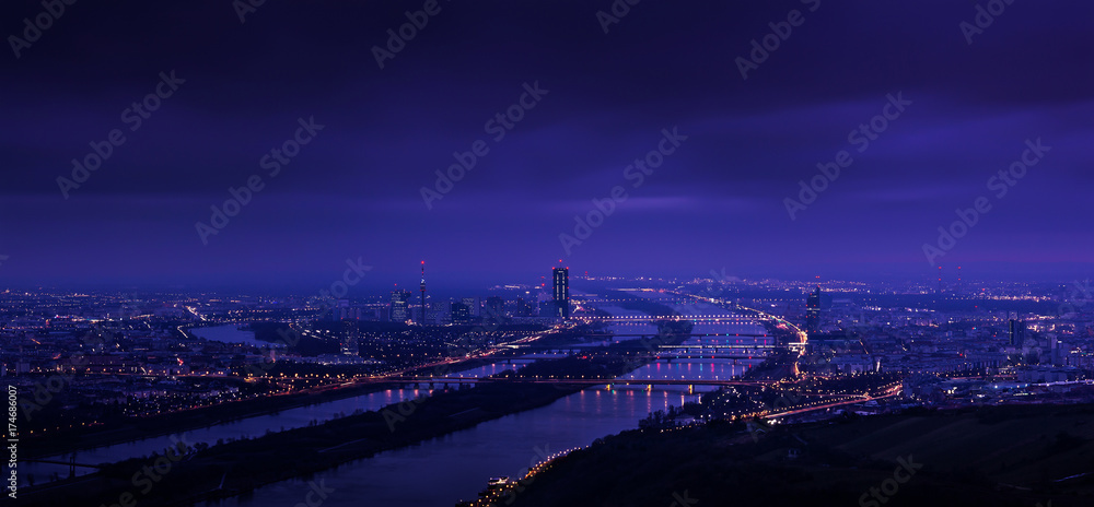 Panorama of Vienna (Austria) looking southeast from Leopoldsberg shortly before sunrise.