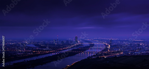 Panorama of Vienna (Austria) looking southeast from Leopoldsberg shortly before sunrise.