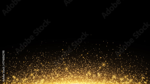 Abstract golden lights with backlight. Flying magical golden dust and glare. Festive Christmas background. Golden Rain. Vector