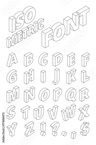 Isometric english letters in linear style. Vector alphabet