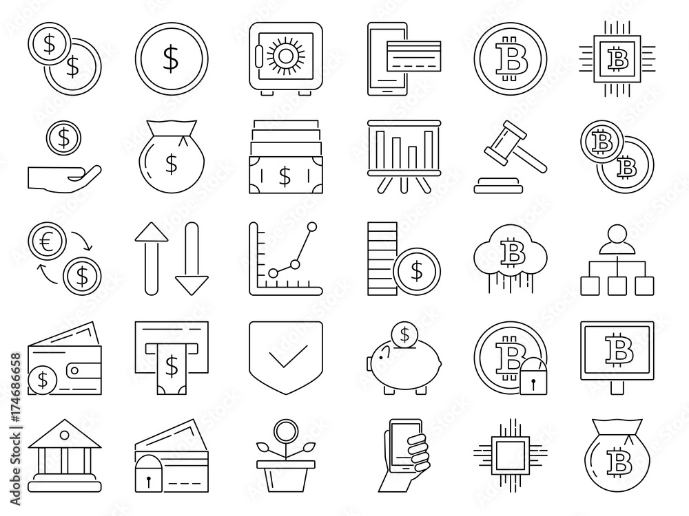 Linear icons set of money and business symbols. Credit cards, coins Linear icons set of money and business symbols. Credit cards, coins