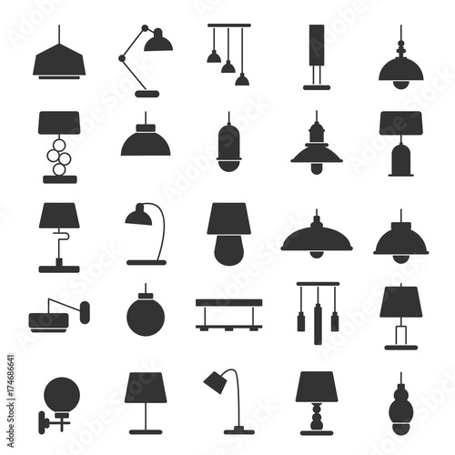 Silhouette of modern interior equipment. Chandeliers, lamps on desk and floor. Black vector illustrations of symbols of light