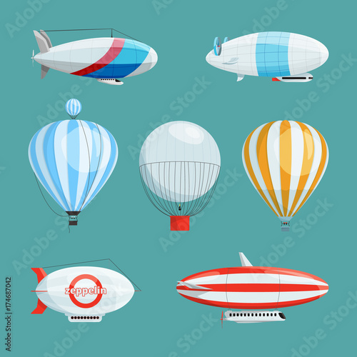 Zeppelins, big airships and balloons with cabin. Vector illustrations set in cartoon style