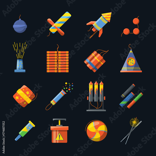 Pyrotechnics for holidays and different tools for fire show. Vector icons set in flat style