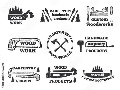 Labels for woodworking shop. Monochrome illustrations with carpentry tools