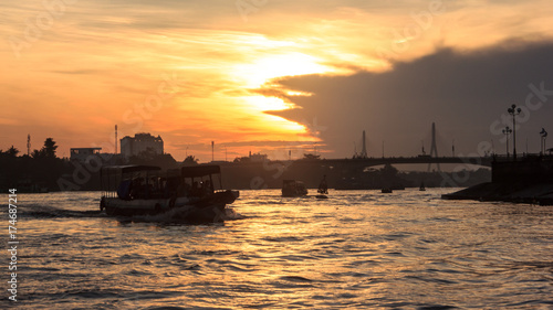 Start journey with Beautiful Summer Sunrise Morning View at Quang Trung bridge near Can Tho Float Market, Hau River, Can Tho, Vietnam