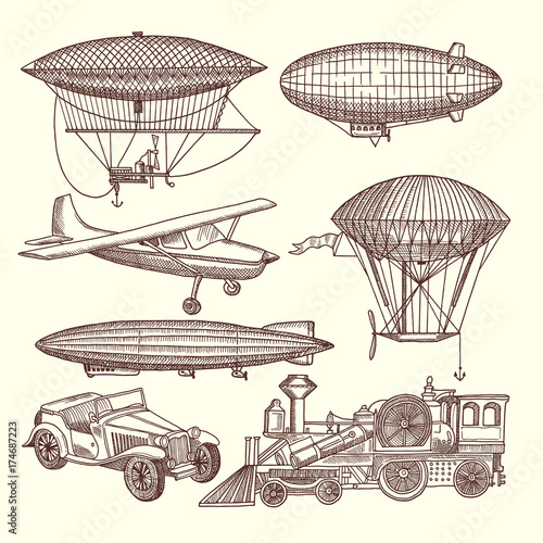 Illustrations set of machines in steampunk style