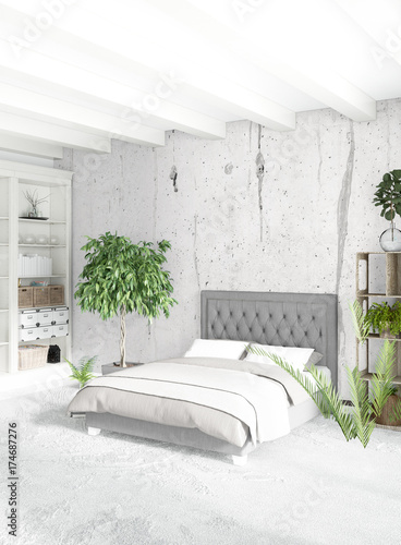 White bedroom or livingroom minimal style interior design with stylish wall and sofa. 3D Rendering. Conept of show room photo