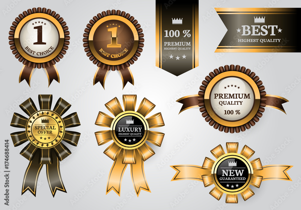 Gold brown labels ribbon quality award set collection on soft gray background design premium luxury vector illustration. Gold brown labels ribbon quality award set collection on soft gray background design premium luxury vector illustration.