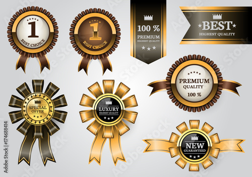 Gold brown labels ribbon quality award set collection on soft gray background design premium luxury vector illustration. 