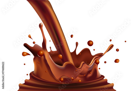 Splashing chocolate liquid on white background vector illustration.