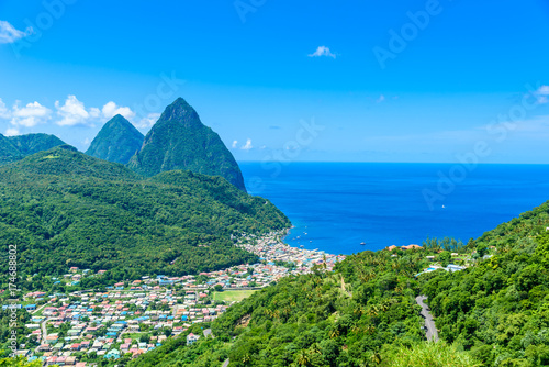 Gros and Petit Pitons near village Soufriere on Caribbean island St Lucia - tropical and paradise landscape scenery on Saint Lucia photo