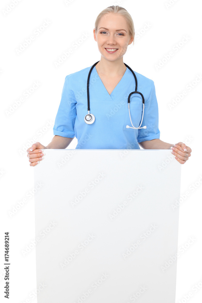 Smiling young doctor or nurse portrait isolated over white background. Smiling young doctor or nurse portrait isolated over white background.