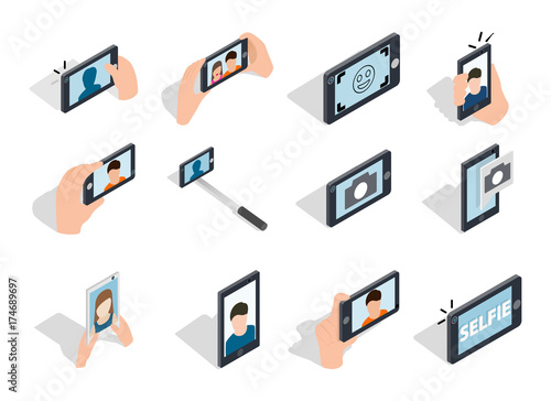 Selfie icon set, isometric style