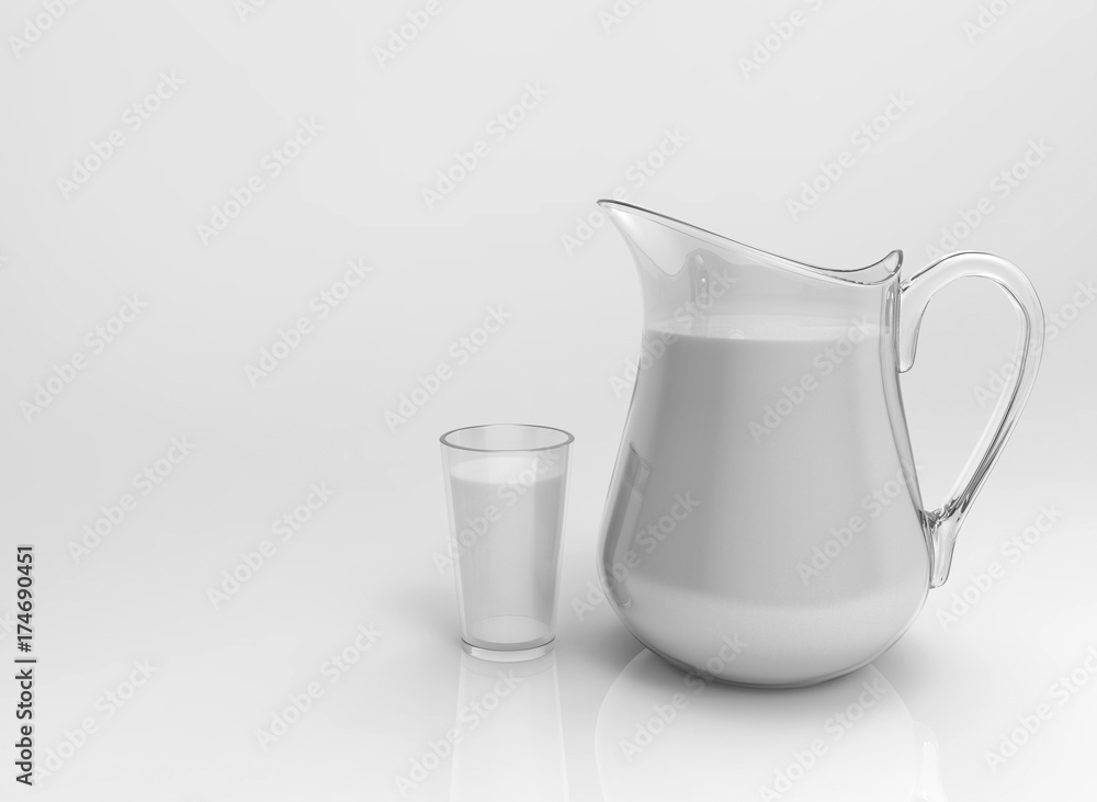 3d rendering. Milk in a jug and glass on gray background 3d rendering. Milk in a jug and glass on gray background