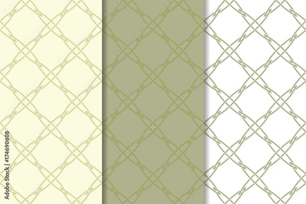 Naklejka premium Olive green and white geometric ornaments. Set of seamless patterns