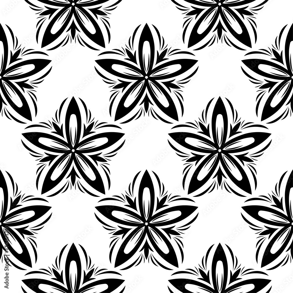 Black floral seamless pattern on white background