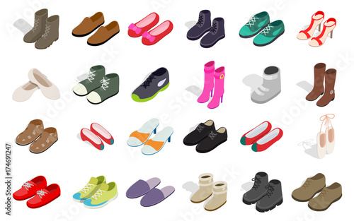 Man and woman shoes icon set, isometric style