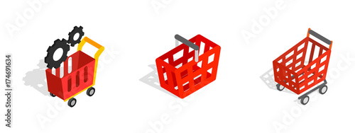 Red shop cart icon set, isometric style