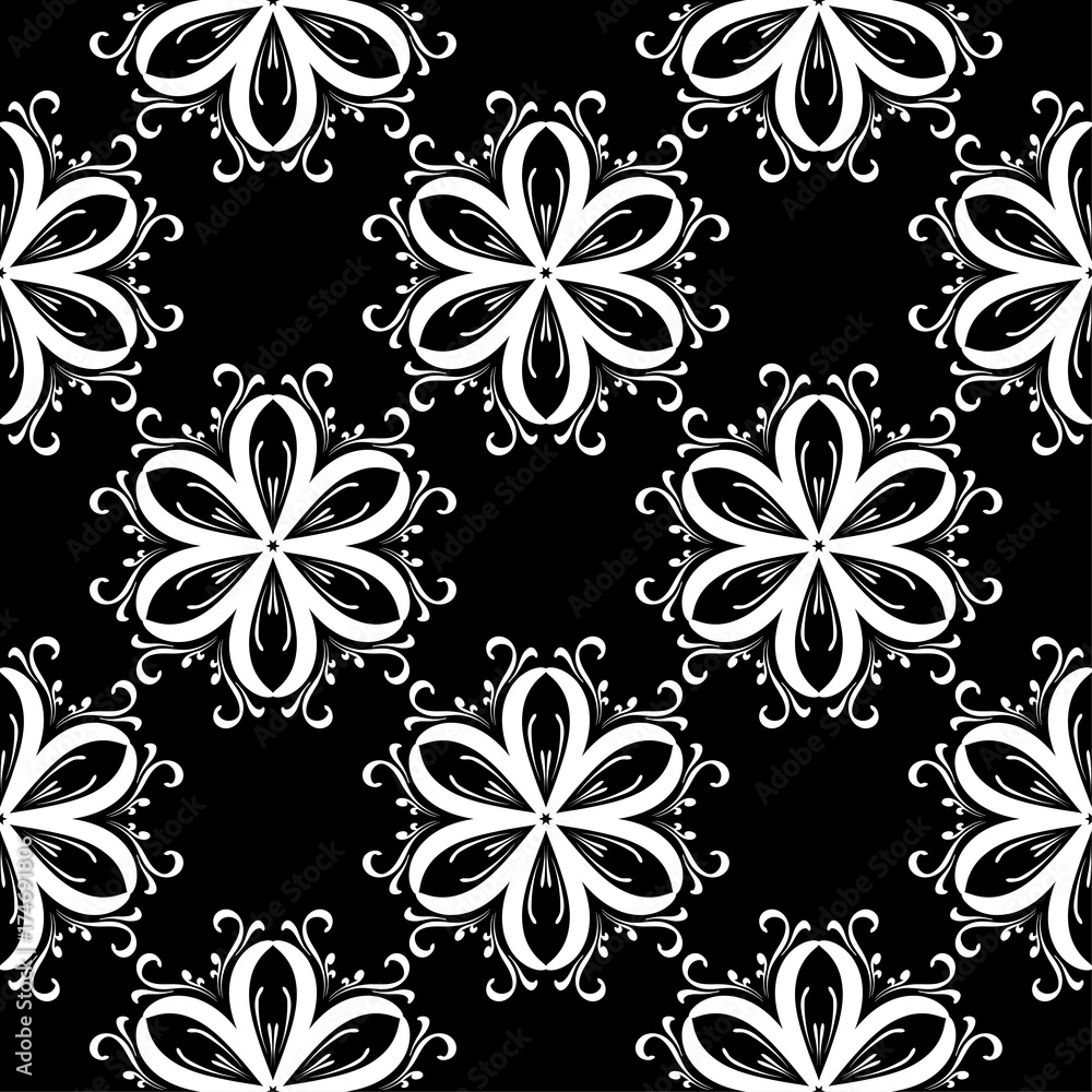 White flowers on black background. Ornamental seamless pattern