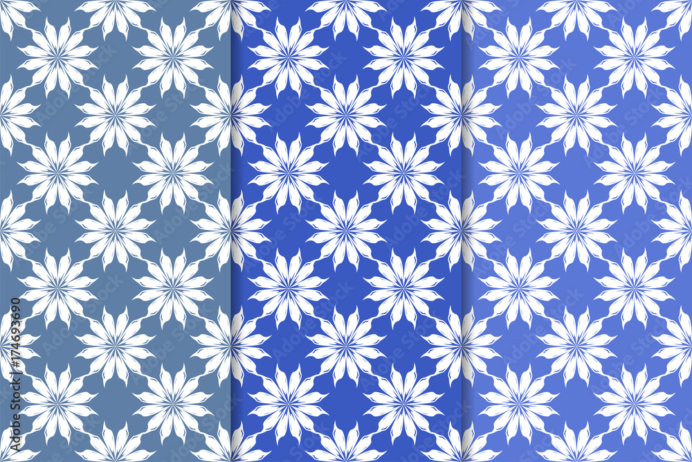 Set of floral ornaments. Vertical blue seamless patterns Set of floral ornaments. Vertical blue seamless patterns
