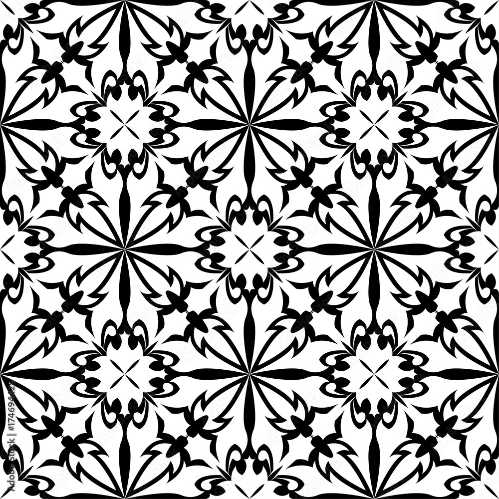 White flowers on black background. Ornamental seamless pattern