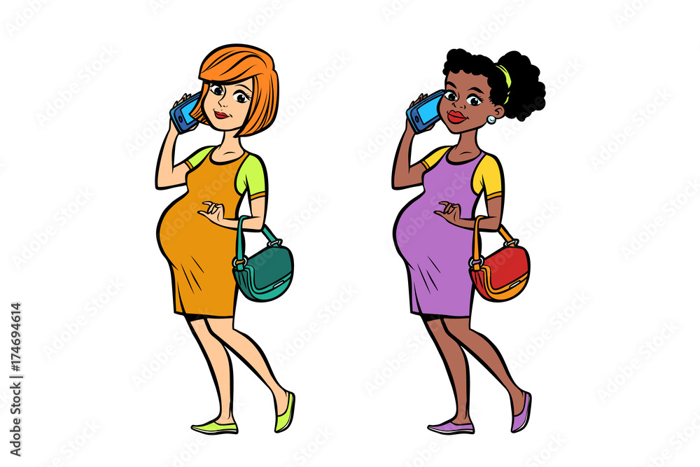 Set black and white pregnant woman with phone Set black and white pregnant woman with phone