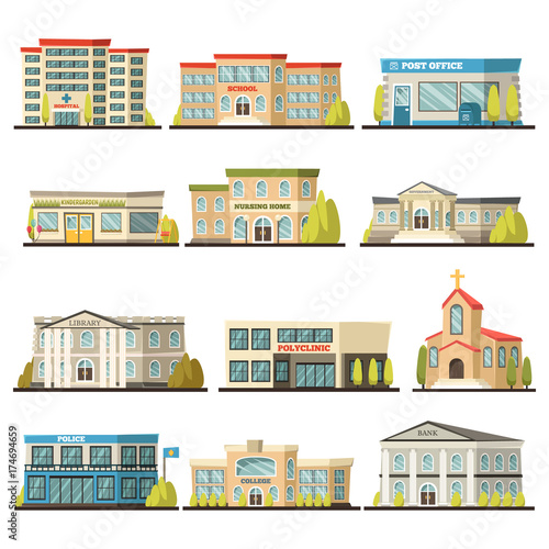 Colored Municipal Buildings Icon Set © Macrovector