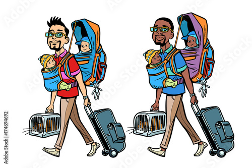 Set good white and black father traveller with children and Pets