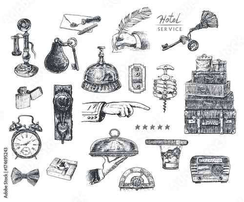Hotel Services and Facilities. Vintage Art Deco vector lineart engraving set. Hotel key and reception bell, travel luggage,  handles, old cellphone, alarm clock, lift button, radio