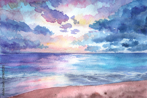 Hand drawn watercolor illustration. Seascape with sunset in the beach. tropical, nature, beuty, relax