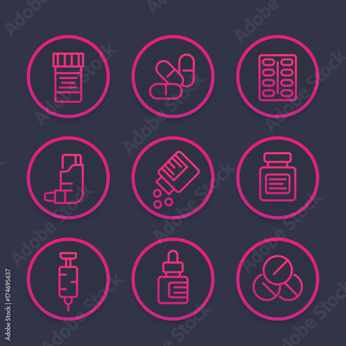 medicaments line icons set, pharmaceutics, drugs, medicine