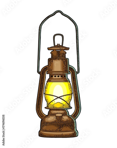 Antique retro gas lamp. Vintage color engraving illustration