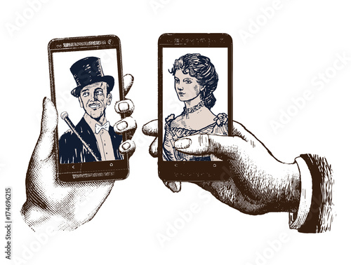 lady and gentleman taking selfie template with hand holding mobile with photo. Hand drawn engraving style pen crosshatch hatching paper painting retro vintage vector lineart illustration of smartphone