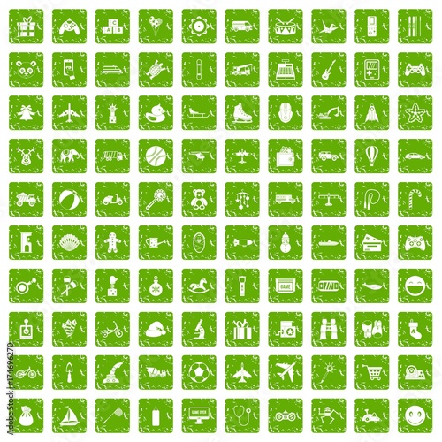 100 toys for kids icons set grunge green